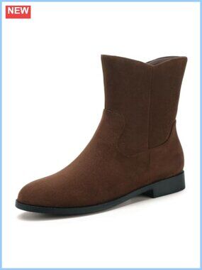 Chocolate Suede Flat Ankle Boots V-Cut Side Zip Stacked Heel